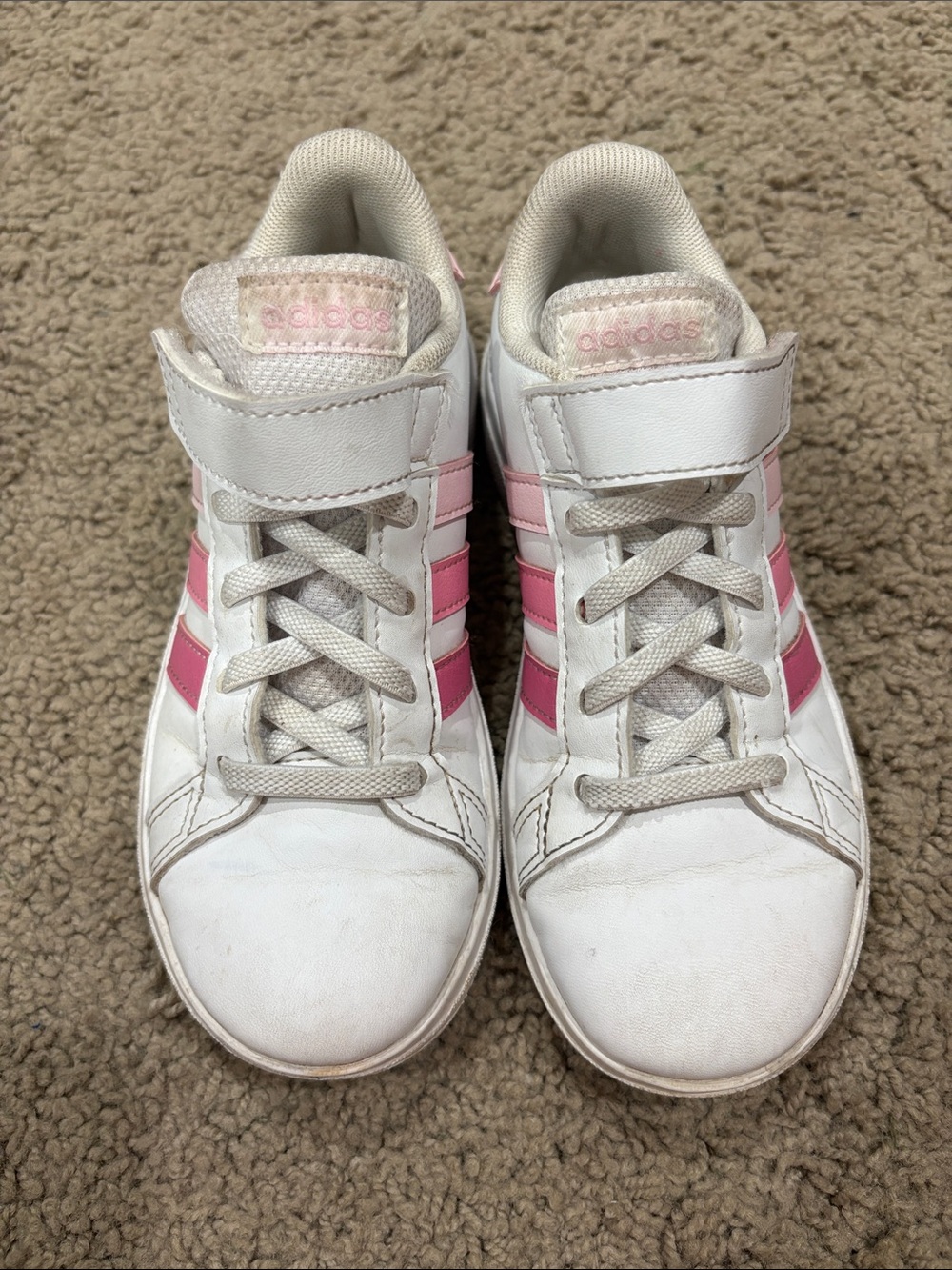adidas Kids White Sneakers with Pink Stripes and Hook-and-Loop Strap